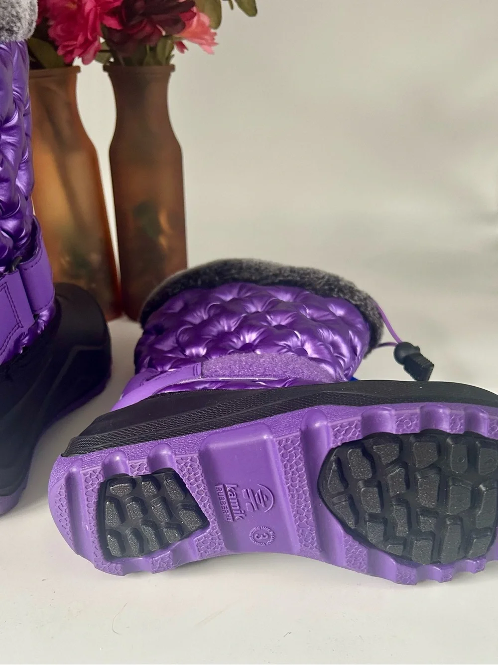 Kamik Purple Quilted Kids Waterproof Winter Boots with Faux Fur Cuff
